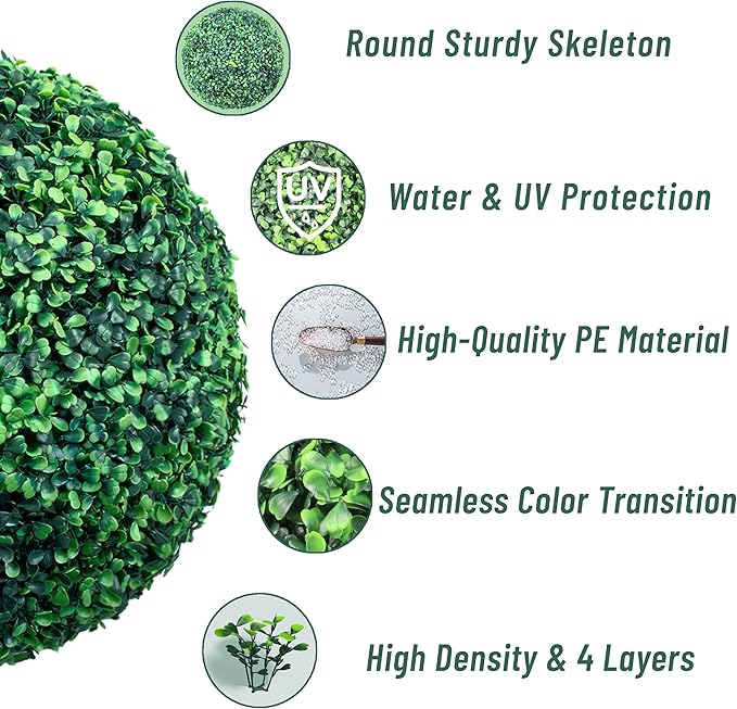 15 Inch 2 Packs Artificial Boxwood Balls Topiary Balls, 4 Layers of UV-Resistant Greenery Balls Indoor Outdoor Garden, Backyard, Patio, Front Door – Assembly Required
