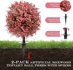 Artificial Topiary Bushes for Outdoors with Spike, Boxwood Ball Fake Shrubs UV Resistant Faux Plants for Indoor Outdoor Fall Thanksgiving Halloween Decor (Red Eucalyptus)