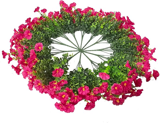 Artificial Faux Flowers for Outdoors, 12 Bundles Artificial Plants Outdoor UV Resistant, Fake Morning Glory Silk Flowers for Outside Planter Porch Patio Yard-Rose Red