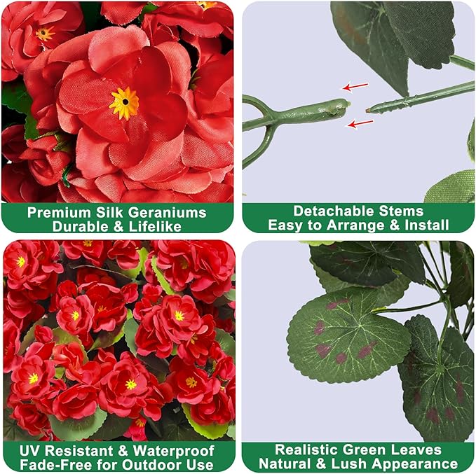 8 Bundles Artificial Geraniums Flowers for Outdoors Summer Mother's Day Derby Day Decor, Fake Cemetery Flowers Silk Red Flower UV Resistant No Fade Faux Plant for Porch Garden Home Planter Patio Decor