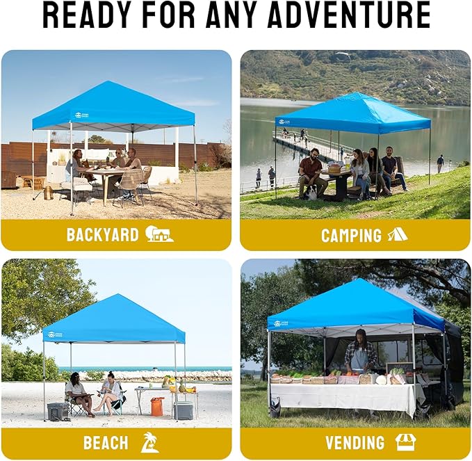 CROWN SHADES 8x8 Pop Up Canopy, Patented Center Lock One Push Instant Popup Outdoor Canopy Tent, Newly Designed Storage Bag, 8 Stakes, 4 Ropes, Silver-Coated Sky Blue