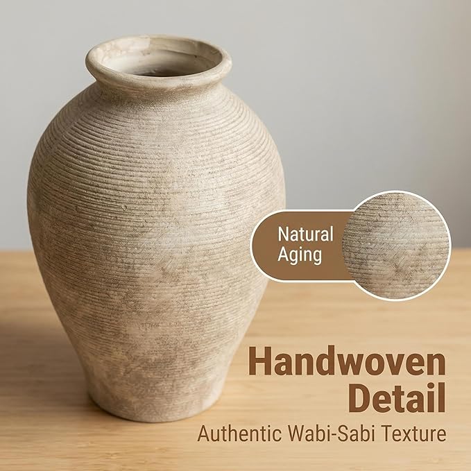Large 9 Inch Ceramic Vase, Farmhouse Rustic Table Centerpiece, Vintage Floor Vase for Dried Flowers, Home Decor for Living Room, Mantel, Bookshelf & Office