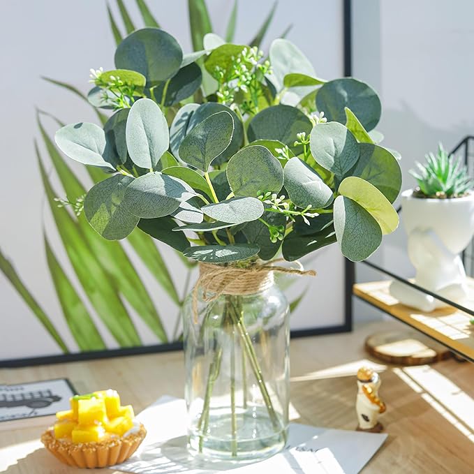 Der Rose 13.5" Fake Plants for Bathroom Decor Artificial Eucalyptus Stems in Clear Glass Vase with Faux Water for Office Desk Accessories Home Table Centerpiece Decor（Sage Green）