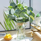 Der Rose 13.5" Fake Plants for Bathroom Decor Artificial Eucalyptus Stems in Clear Glass Vase with Faux Water for Office Desk Accessories Home Table Centerpiece Decor（Sage Green）