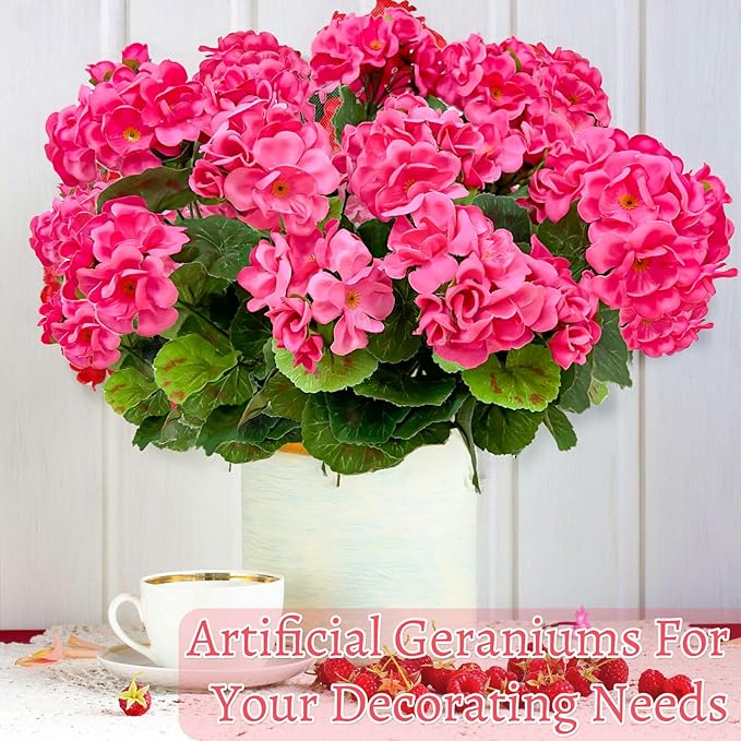 TURNMEON Artificial Geraniums Flowers for Outdoors Summer Decoration, 4 Bundles Fake Flowers Silk Pink Flowers UV Resistant No Fade Faux Plants for Planter Gardens Table Porch Indoor Cemetery Decor