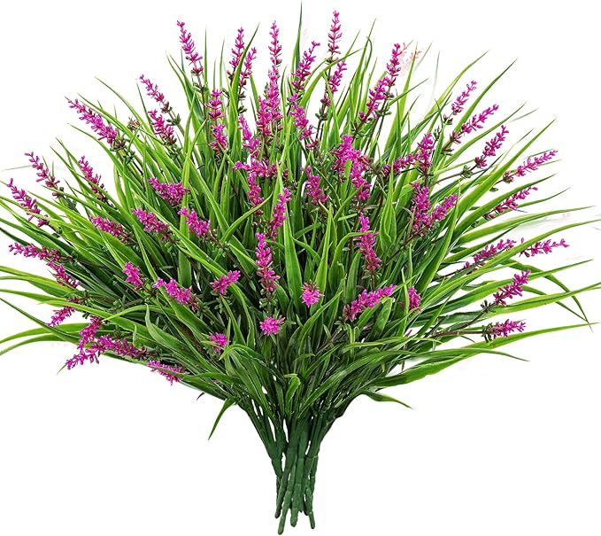 24 Bundles Artificial Plants Flowers Outdoor, Faux Lavender Flowers Fake Monkey Grass UV Resistant Plastic Plant for Porch Garden Patio Window Home Decor, Lotus