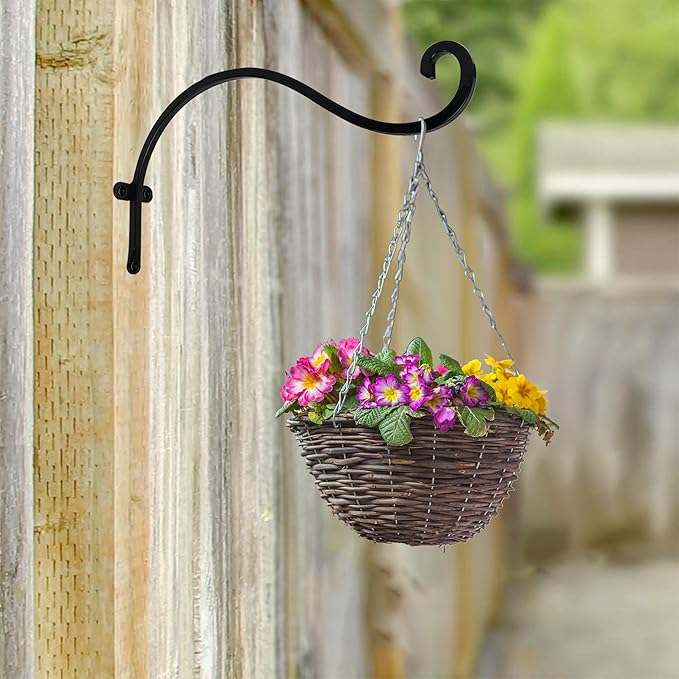 Hourleey 4 Pack Plant Hanger Outdoor, 12 Inch Heavy-Duty Hanging Plant Hook for Outside Basket, Black Metal Wall Mount Plant Bracket Hook for Flower Baskets Bird Feeder