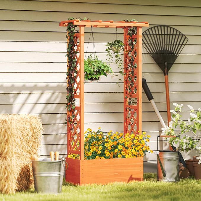 MAT EXPERT Raised Garden Bed with Trellis & Hanging Roof, Lattice Panel with Drainage Hole for Flower, Climbing Plant, Herb, Planter Box for Garden, Patio, Yard (1, 31" L x 14" W x 60" H)