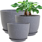 UOUZ 12/10/9 Large Modern Plant Pots, Plastic Planters with Drainage Holes and Saucers for Indoor Outdoor Plants Flowers, Grey Speckles