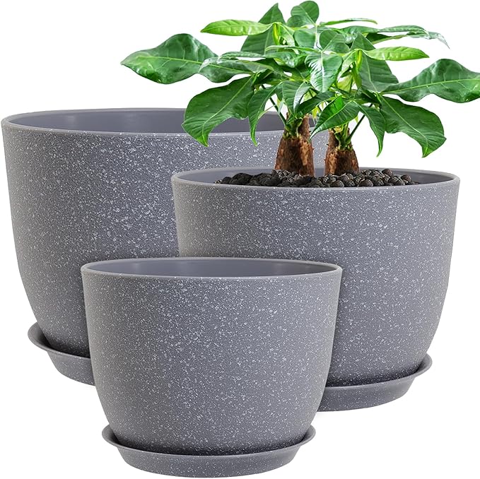 UOUZ 12/10/9 Large Modern Plant Pots, Plastic Planters with Drainage Holes and Saucers for Indoor Outdoor Plants Flowers, Grey Speckles