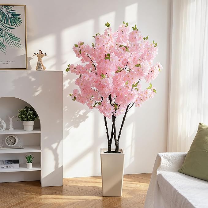 BLOSMON Cherry Blossom Tree for Porch: 5ft Pink Fake Flowers Artificial Tree with Tall Planter for Outdoor Decorations - Faux Sakura Plants for Indoor Home Living Room
