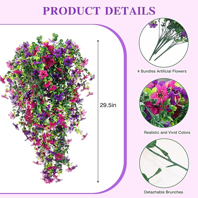 CEWOR 4pcs Artificial Hanging Plants for Outdoor, Fake Flowers Faux Silk Daisy with Eucalyptus, UV Resistant Realistic Faux Flower Greenery for Outside Indoor Home Porch Patio Decor, Purple