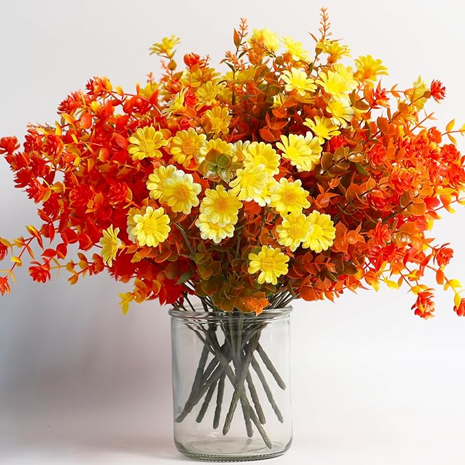 16 Bundles Artificial Fall Mums Flowers Plants Outdoors, Faux Plastic Shrubs Fake Greenery UV Resistant for Garden Patio Decor Window Box Office Hanging Planter Pathway Front Porch (Orange Mixed)