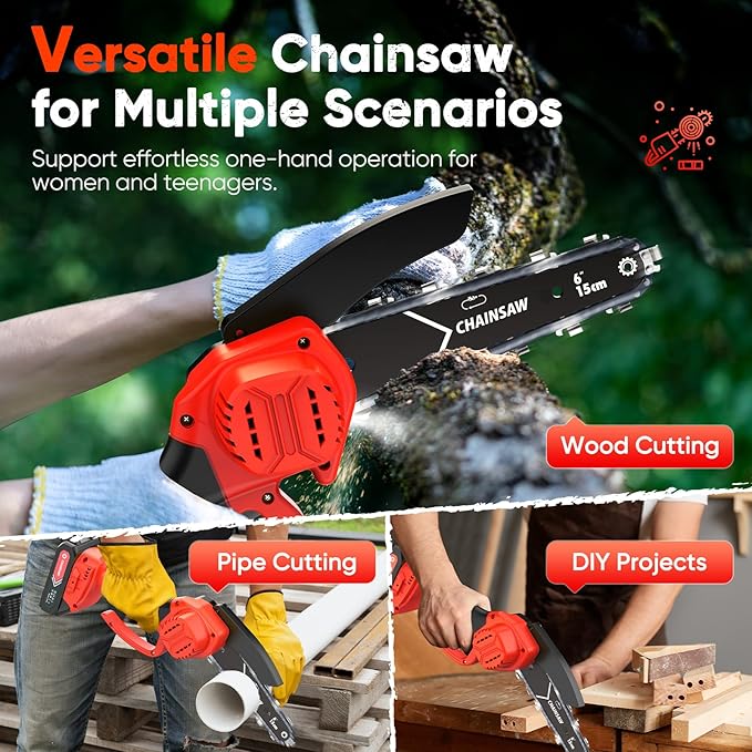 Mini Chainsaw- 6 Inch Electric Mini Chain Saw Cordless Battery Powered One-Hand Tree Trimming Saw with 2 Batteries, Portable Gardening Gadgets for Men, Unique Birthday Gifts (Red)