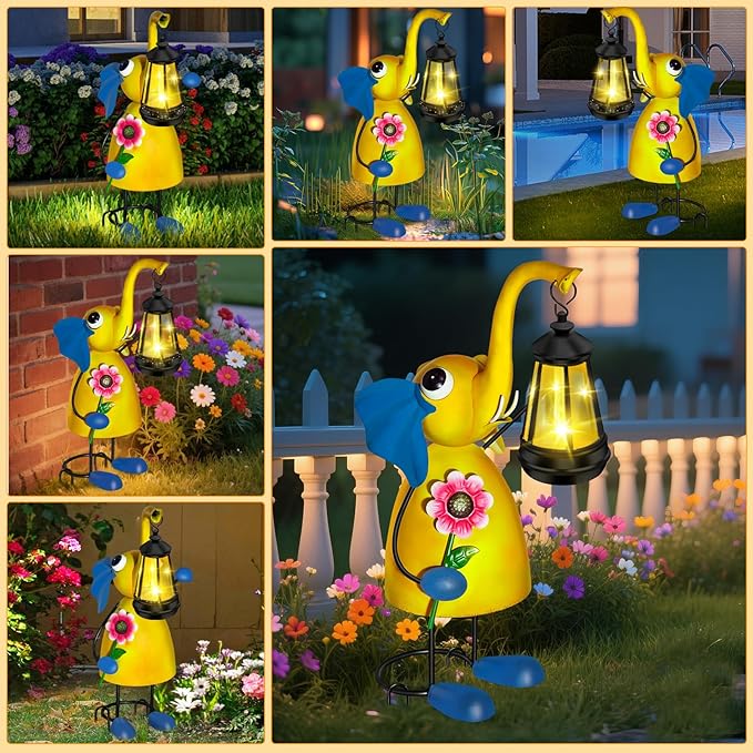 Solar Outdoor Garden Decor Elephant Statue Lights, 14" Metal Elephant with Solar Garden Lights for Outdoor, Yard, Patio Decor, Unique Birthday Gifts for Women Mom Grandma Cute Housewarming Gifts