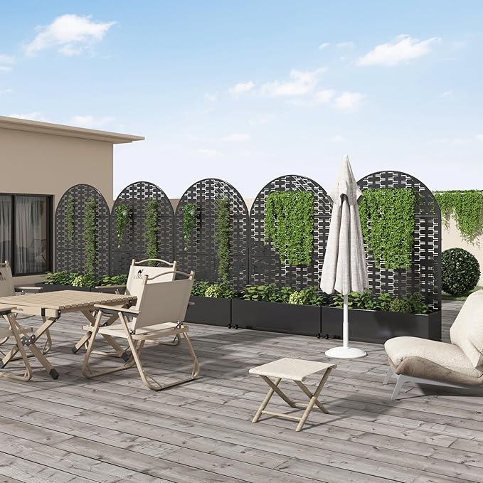Casaphoria Metal Raised Garden Bed with Trellis and Wheels, 72"x47"x16" Arched Planter Box for Climbing Plants, Vegetables & Vines, Features Drainage Holes and Privacy Screen (Black-Brick)