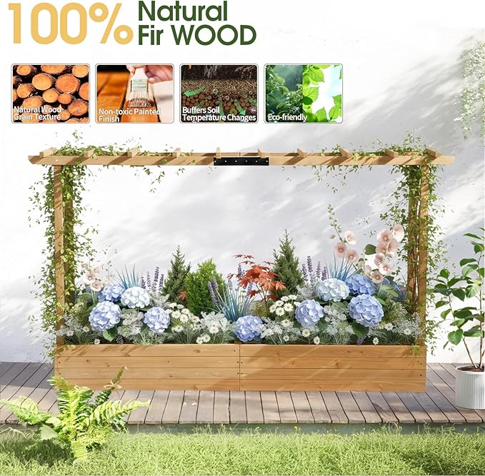 Outvita 45" Raised Garden Bed with Trellis, Wood Planter Box with Hanging Roof, Side Trellis and Drainage Holes, Above Ground Elevated Garden Bed for Outdoor Climbing Plants Vegetables(Teak Color)