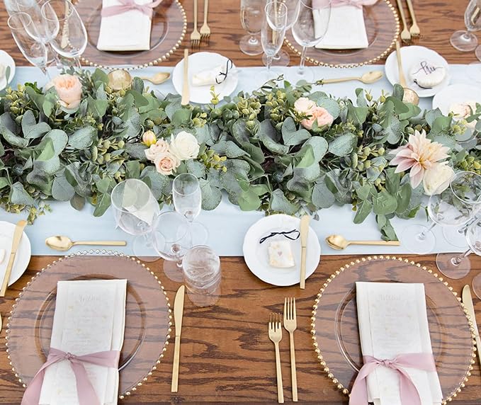 Ouddy Decor Eucalyptus Garland 6.56 Ft Lush Silver Dollar Leaves Boxwood Artificial Faux Greenery Vines for Baby Shower Wedding Party Table Runner Room Home Mantle Decor