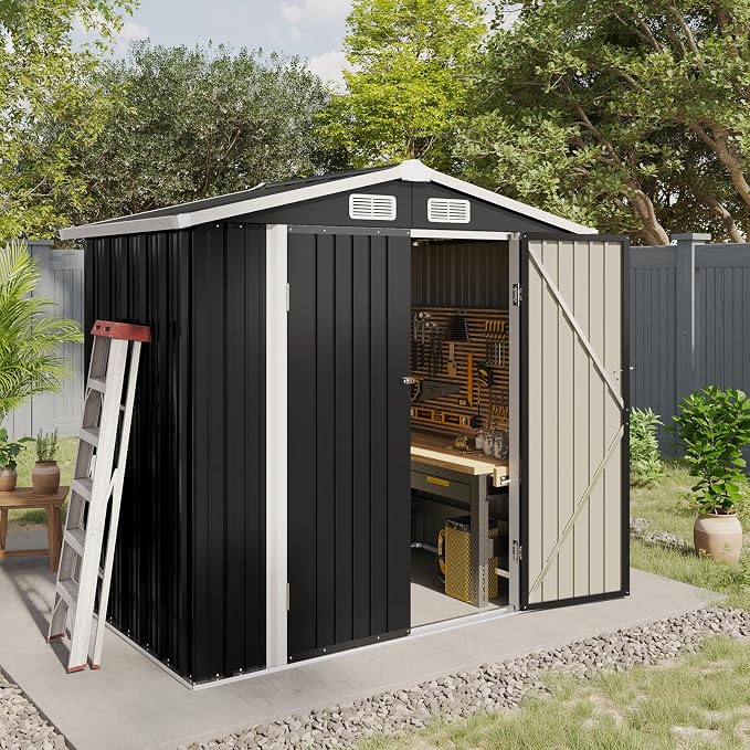 Aoxun 6.2x4 FT Shed Outdoor Galvanized Storage Shed with Large Lockable Doors for Lawn, Backyard, Patio (Black)