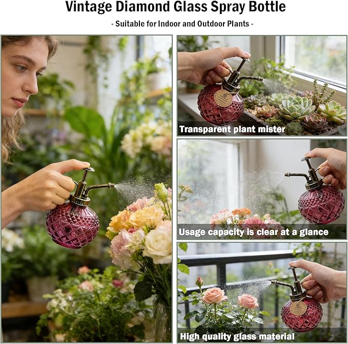 OFFIDIX Plant Mister Spray Bottle,Glass Decorative 300ML Vintage Watering Small Indoor Watering Can with Plastic Pump for Indoor Plants,Garden,Cleaning（Amaranth）