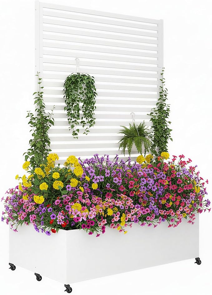 Double Metal Planter Box with Trellis Privacy Screen, Raised Garden Bed with Trellis & Wheels, Planter Box Outdoor with Drainage Holes for Climbing Plants, Vines,73"x 47"x 30", White