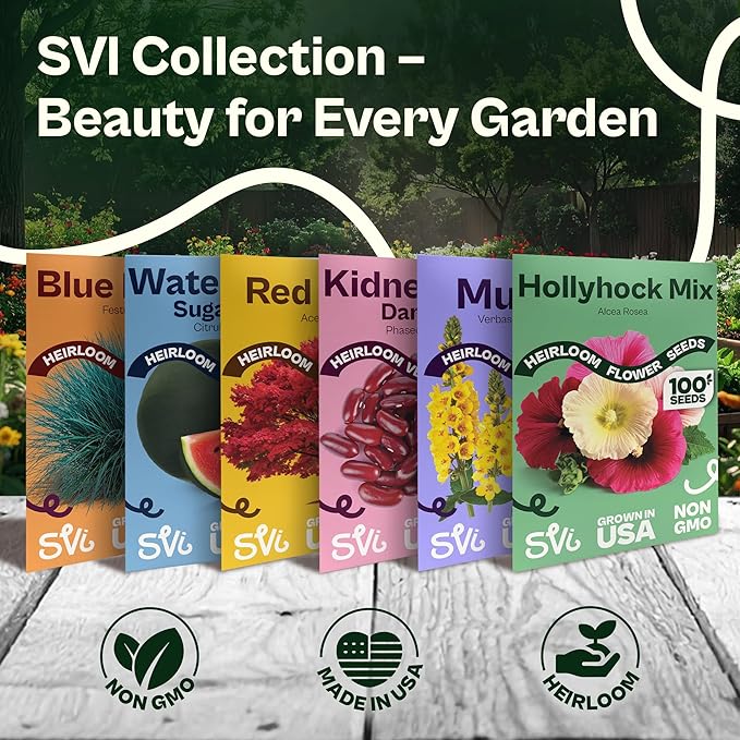 SVI 100 Mix Hollyhock Seeds (Alcea rosea) - Mallow, Common Hollyhock Seed Packets, Attracts Hummingbirds - Heirloom Flower Seeds for Outside & Inside, Meadows, Fences, Beds