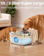 12L/3.2Gal Dog Water Fountain Elevated, Stainless Steel Pet Water Fountin with Adjustable Metal Stand, Raised Automatic Dog Water Bowl Dispenser for Large Dogs, Quiet Dog Fountain with Water Window