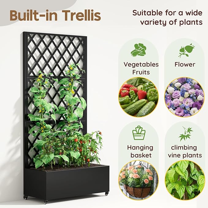 Metal Planter Box with Trellis,72"x35"x15",Galvanized Raised Garden Bed Trellis Outdoor Planter with Privacy Screen & Wheels and Drainage Holes,for Patio Climbing Vegetables,Flowers,Vines,Black