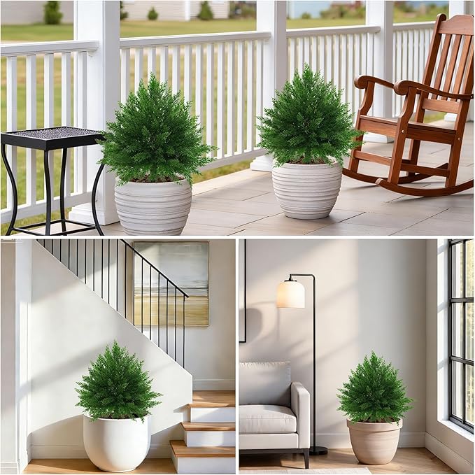 Grooy Artificial CedarTopiary Bushes for Outdoors with Spike, Set of 2 Cypress Topiary Trees with UV Resistant, Outdoors Fake Shrubs Faux Plants for Front Porch Indoor Outdoor Decor