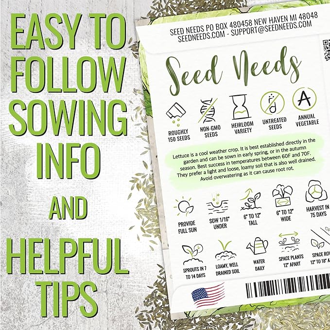 Seed Needs Lettuce Seeds Variety Pack for Planting a Collection of 14 Individual Varieties - Packets Includes Romaine, Iceberg, Oakleaf, Lollo Rosso and More