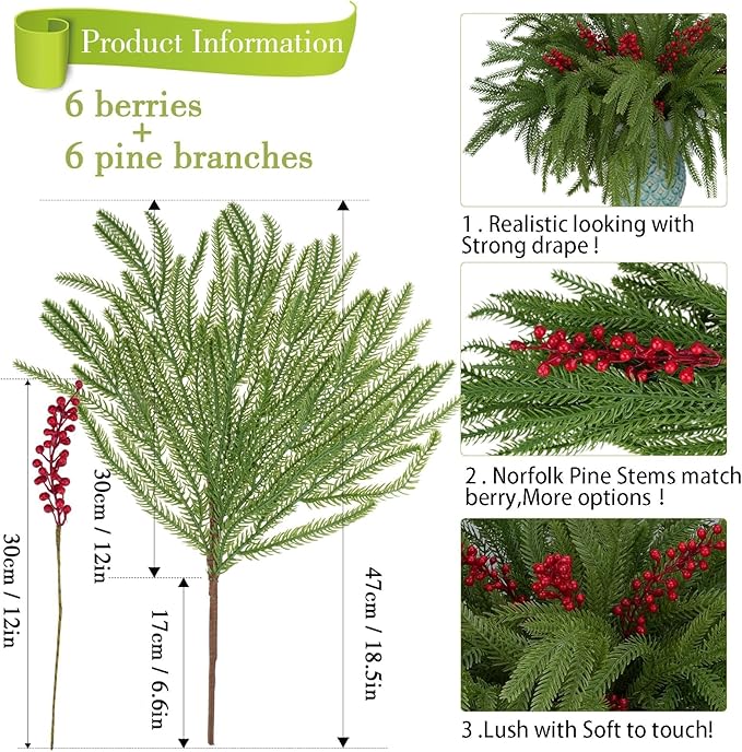 12pcs Christmas Norfolk Pine Branch with Berry Set, 18 Inches Artificial Norfolk Branch 6pack, Faux Berry Stem 6pack,Fake stem Greenery Pine Picks for Indoor Home Vase DIY Outdoor Wreath Decoration