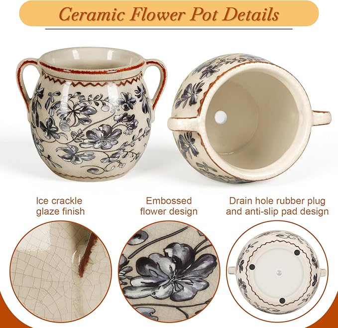 BUYMAX Ceramic Plant Pots for Indoor Plants with Drainage Hole, Vintage Crackle Glaze Hand-Painted Gray Flower Planter with Handles, Small Decorative Hanging Planter