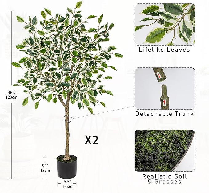 2 Pack Ficus Artificial Trees for Outdoors Indoor, 4ft Big Fake Plants with Pot and Realistic Leaves, Faux Plants Tall Outdoor for Home,Office, Living Room, Garden Decor