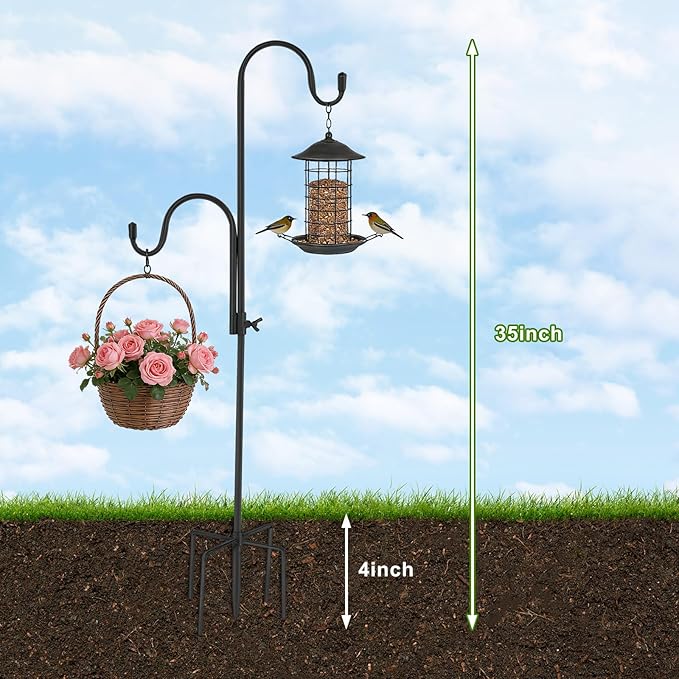 FrutPunch Double Hook Design Shepherds Hooks for Outdoor, 1Pack 35Inch Bird Feeder Pole with 5-Claw Base, Adjustable Shepherds Hook for Bird Feeder for Hummingbird, Plant Supporter, Wedding Decor