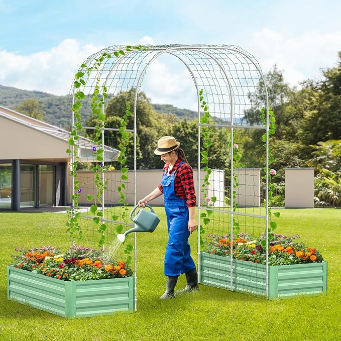 3 in 1 Galvanized Raised Garden Bed with 87" H Arch Trellis for Climbing Plants, Outdoor Gardening Planter Box with Climbing Net for Flower Vegetables Fruits Herbs, Green