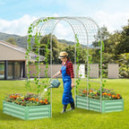 3 in 1 Galvanized Raised Garden Bed with 87" H Arch Trellis for Climbing Plants, Outdoor Gardening Planter Box with Climbing Net for Flower Vegetables Fruits Herbs, Green