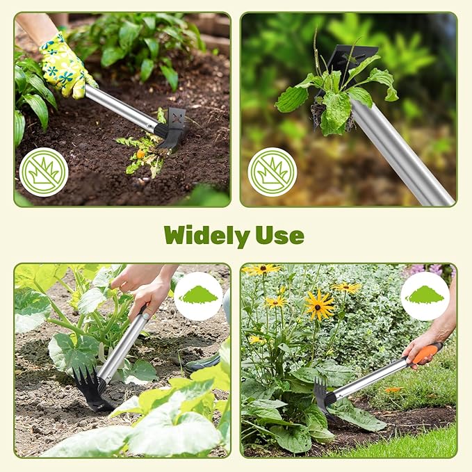 NICOFPHY Weed Puller Tool 2 Pack, 2 in 1 Manual Weeding Rake and Garden Hoe, 17" Uprooting Weeder Remover Tool for Yard Lawn Patio and Garden, Portable Gardening Hand Tools for Veggies Flower Planting