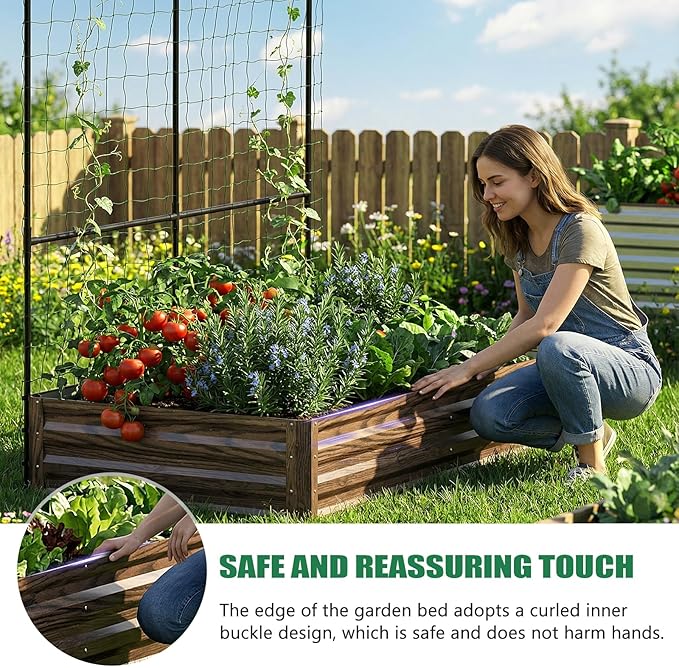 SUNYRISY Galvanized Raised Garden Bed with 87" H Arch Trellis for Climbing Plants Outdoor, Metal Planter Box with Netting for Gardening Flowers Vegetables Fruit, Wood Grain