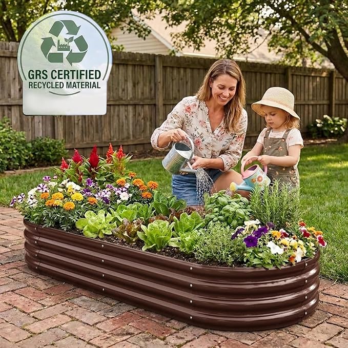 Rakukiri Raised Garden Bed GRS Certified Galvanized Planter Box Outdoor, 5ft Oval Rot-Resistant Metal Garden Bed Planter, Recycled Material Planter for Vegetables Flowers Herbs (Brown)