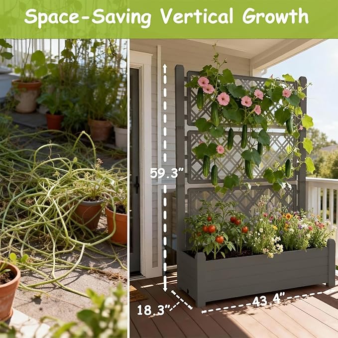 5.' Tall Raised Garden Bed with Trellis, Self Watering Planter Box for Outdoor Climbing Plants Resin Garden Lattice for Vegetables, Flowers, Tomato & Vine with Drainage Holes (Coffee, 2 Pack)