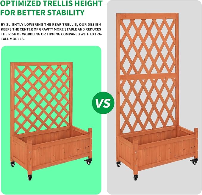 2 Pcs Wooden Planter Boxes with Trellis: Four Universal Wheels for Easy Mobility, 37.6" H x 27.5" W x 13" D,Perfect for Outdoor Climbing Plants on Patios, Balconies & Gardens