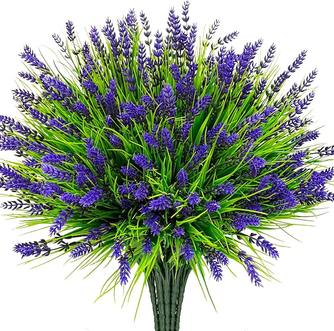 Roberly 24 Bundles Artificial Plants Outdoor, Fake Lavender Flowers UV Resistant Faux Shrubs Plastic Flowers Fake Greenery Plants for Porch Garden Window Box Home Indoor Outdoor Decorations, Purple