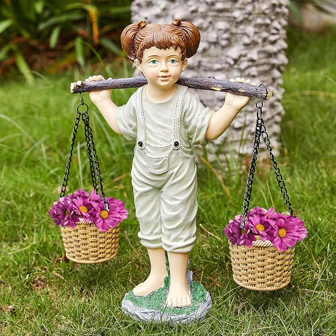 Large Flowers Girl Garden Statue In Stone, Flower & Succulent Planter, Pot Carrying Plants, Pots, Adorable Yard Decor | Indoor & Outdoor Ornament Cute Figurine Lawn, Patio, Home Decoration - 15” x 15”