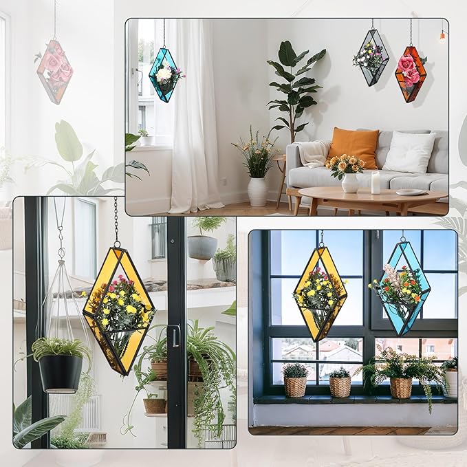 Hushee 4 Pcs Stained Glass Hanging Plant Terrariums Hanging Glass Planter Air Plant Holders with Chain for Window Christmas Home Decor Gifts for Mom Women, 7.87 x 3.94 x 1.97 Inch(Cute Color)