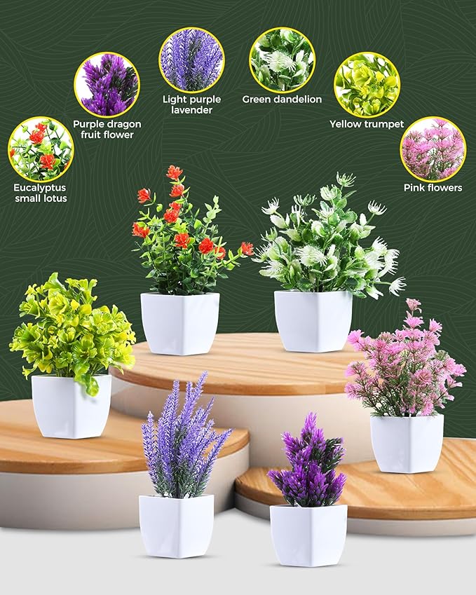 Clearain 6 Pack Fake Plants Mini Artificial Greenery Potted Plants for Home Decor Indoor Office Table Room Farmhouse Bathroom Decor (Mixed Color)