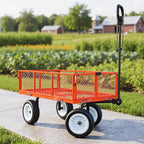 VEVOR 900 LBS Steel Garden Cart, 2 in 1 Handle, Heavy Duty Pullable Garden Wagon with 10" Flat-Free Tires, Outdoor Utility Yard Wagon Cart with Detachable Side Panels, Attach to ATV or Tractor, Red