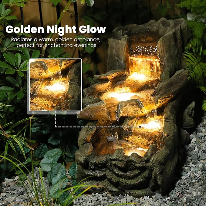 Sunlinua 34.25" L Outdoor Water Fountain with 3 Tiers Large Cascading Realistic Tree Trunk Waterfall Fountains with LED Lights Outdoor Water Fountain for Garden Patio Backyard Porch Home Decor