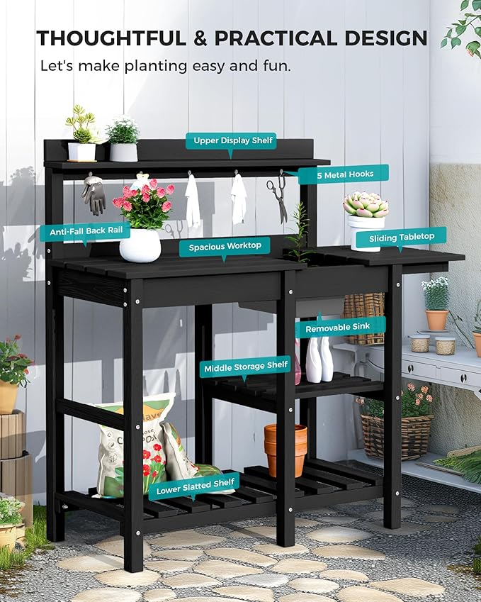 SERWALL Outdoor Potting Bench 2-Piece Set, Rot-Resistant HDPE Potting Table with Removable Sink for Outside Gardening, All-Weather Use - Black