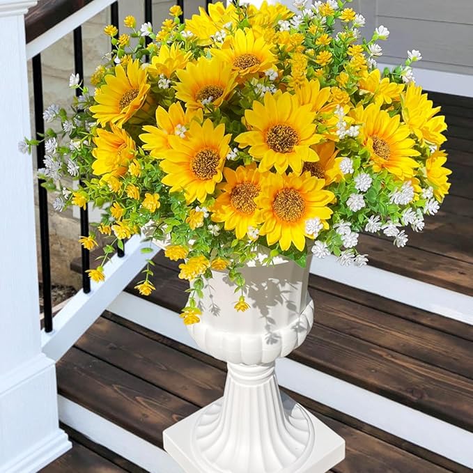 Artificial Sunflowers Faux Flowers Plants for Spring Outdoor UV Resistant, Fake Silk Realistic Yellow Sun Flowers for Easter Outside Porch Planters Patio Home Decoration, 8 Bundles