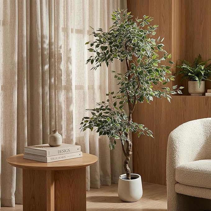 6FT Artificial Ficus Tree Indoor Outdoor, Fake Plants Indoor with White Pot, Realistic White-Edged Leaves Potted Tree for Home Office Decor